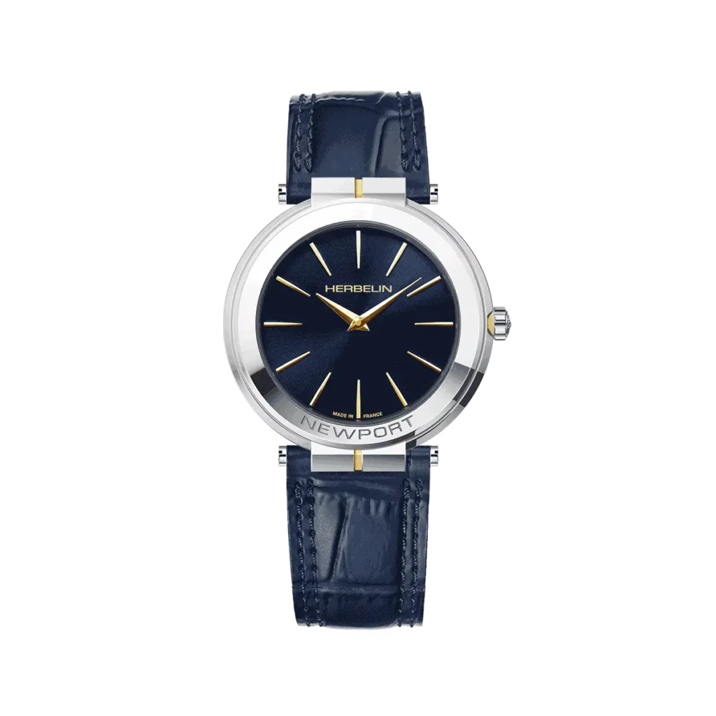 montre herbelin bracelet cuir facon croco bleu boitier acier