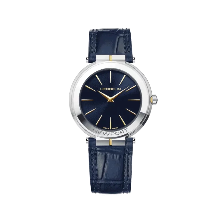 montre herbelin bracelet cuir facon croco bleu boitier acier