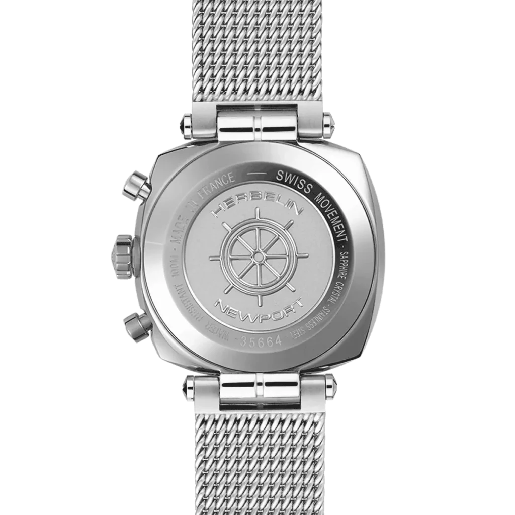 dos montre newport heritage homme bracelet metal acier chronographe