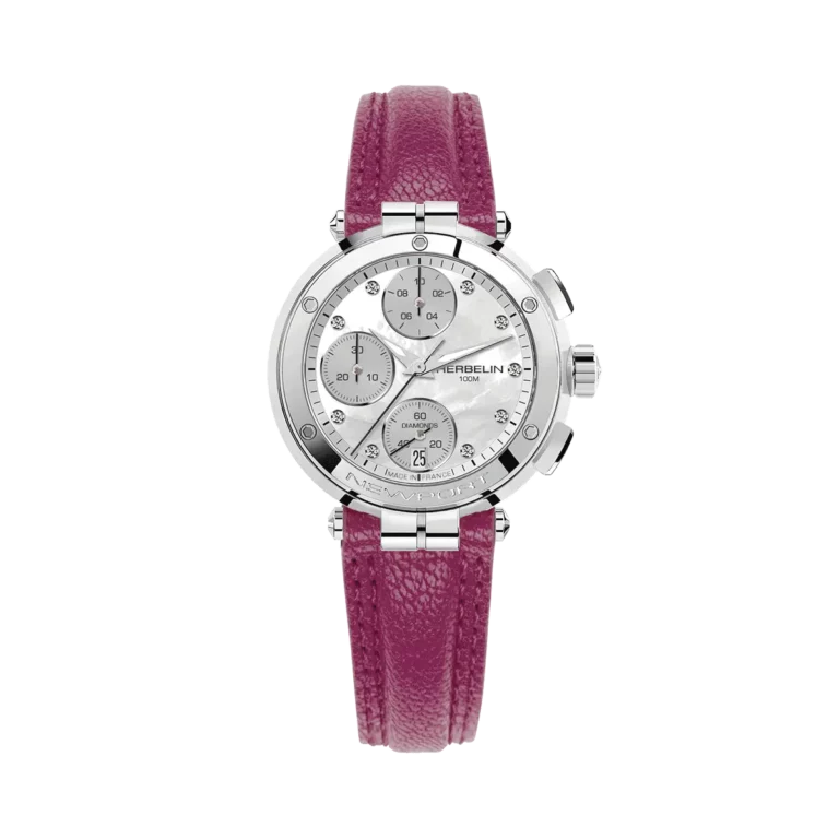 montre femme bracelet cuir rose modele chrono newport