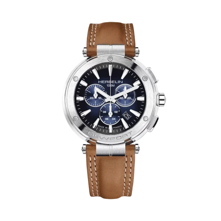montre homme bracelet cuir marron boitier acier newport herbelin