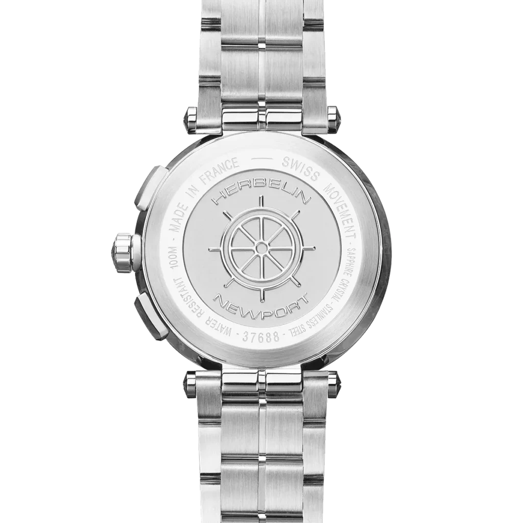 dos montre herbelin acier bracelet milanais cadran blanc compteur bleu newport chrono