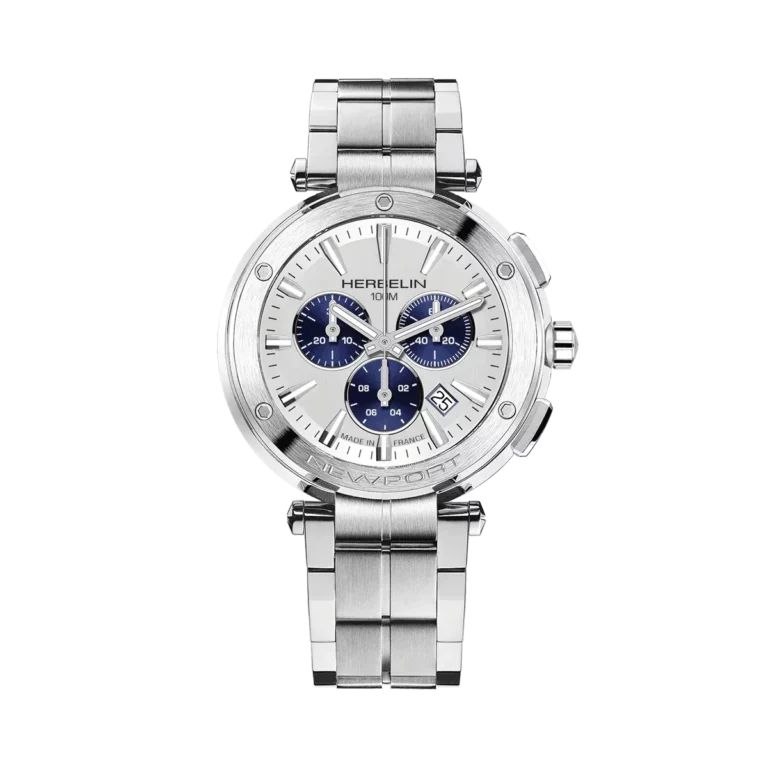 montre herbelin acier bracelet milanais cadran blanc compteur bleu newport chrono
