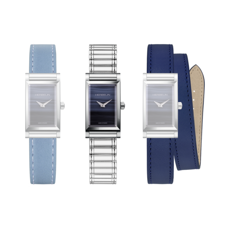 montre herbelin cadran pierre naturelle agate bracelet acier cuir bleu