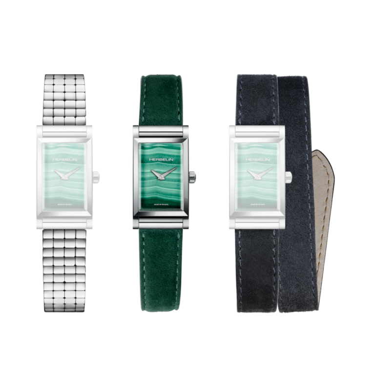 coffret antarès herbelin malachite pierre naturelle bracelet double tour en velours et acier