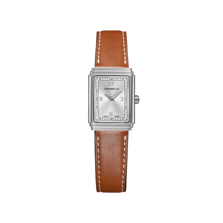 montre art déco herbelin cadran argent bracelet cuir marron