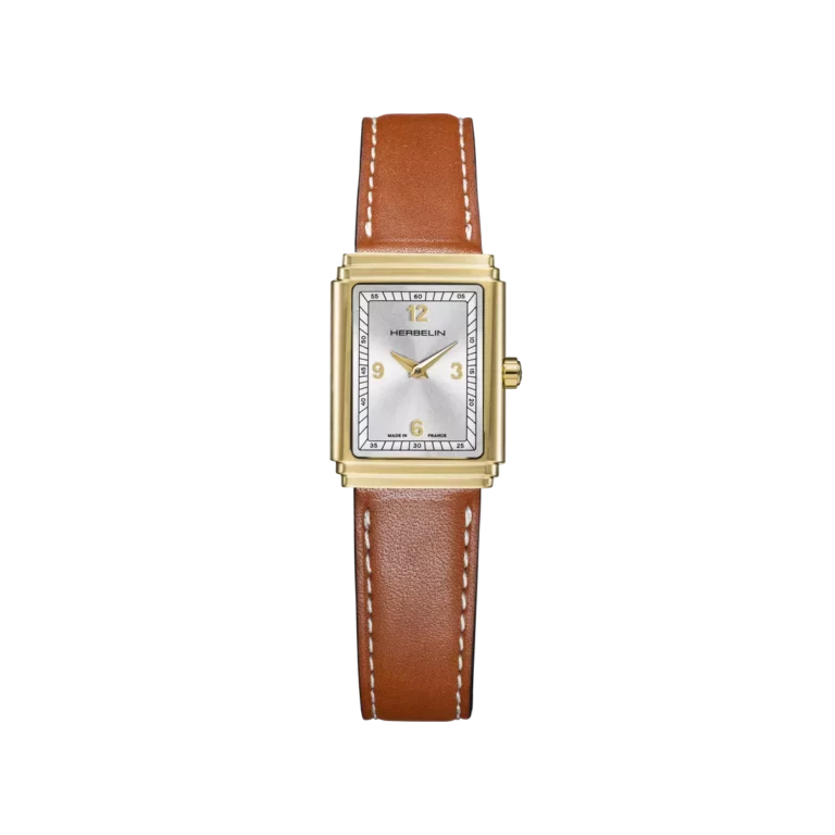 montre herbelin art déco cadran argenté pvd or jaune bracelet cuir marron