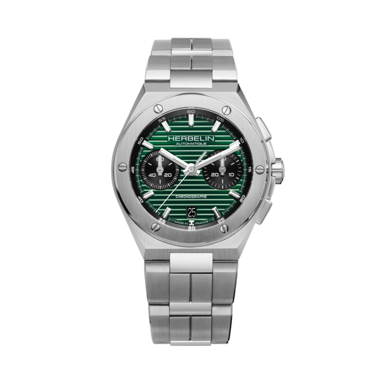 montre cap camarat herbelin vue de face cadran vert strié montre pour homme chronographe