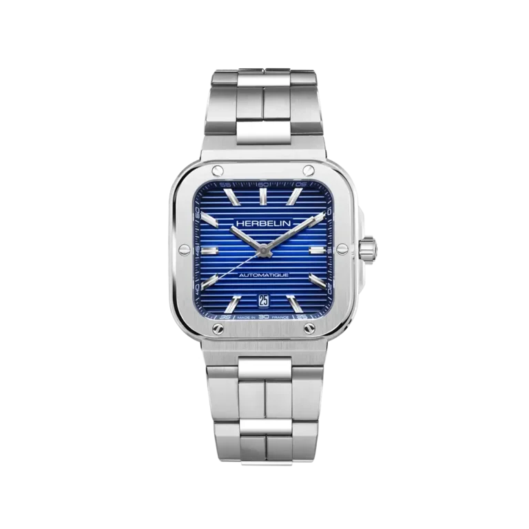 Montre automatique Cap Camarat Herbelin au cadran bleu strié, boîtier acier brossé et bracelet métal intégré à maillons pleins
