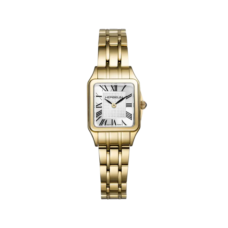 Montre Herbelin rectangulaire dorée avec cadran blanc à chiffres romains noirs et bracelet métal doré à maillons polis
