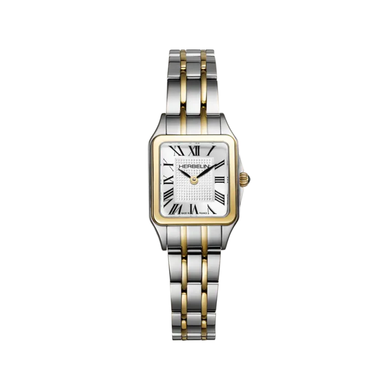 Montre Luna Herbelin rectangulaire bicolore avec cadran blanc à chiffres romains noirs et bracelet acier et or à maillons polis