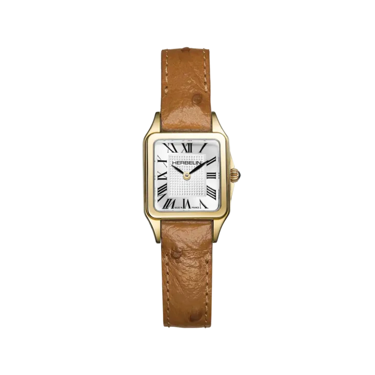montre Luna Herbelin boîtier doré carré cadran blanc chiffres romains bracelet cuir marron