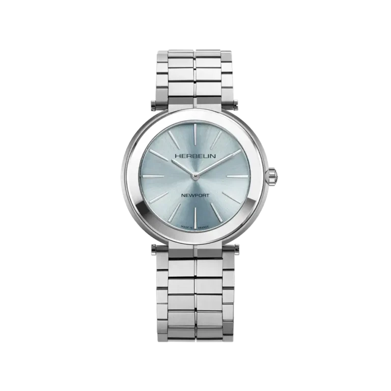 Montre ronde Newport Slim Herbelin Newport avec cadran bleu clair satiné et bracelet acier poli à maillons larges
