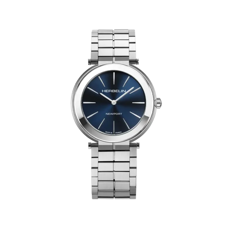 Montre ronde Herbelin Newport avec cadran bleu dégradé et bracelet acier à maillons larges, design élégant et minimaliste