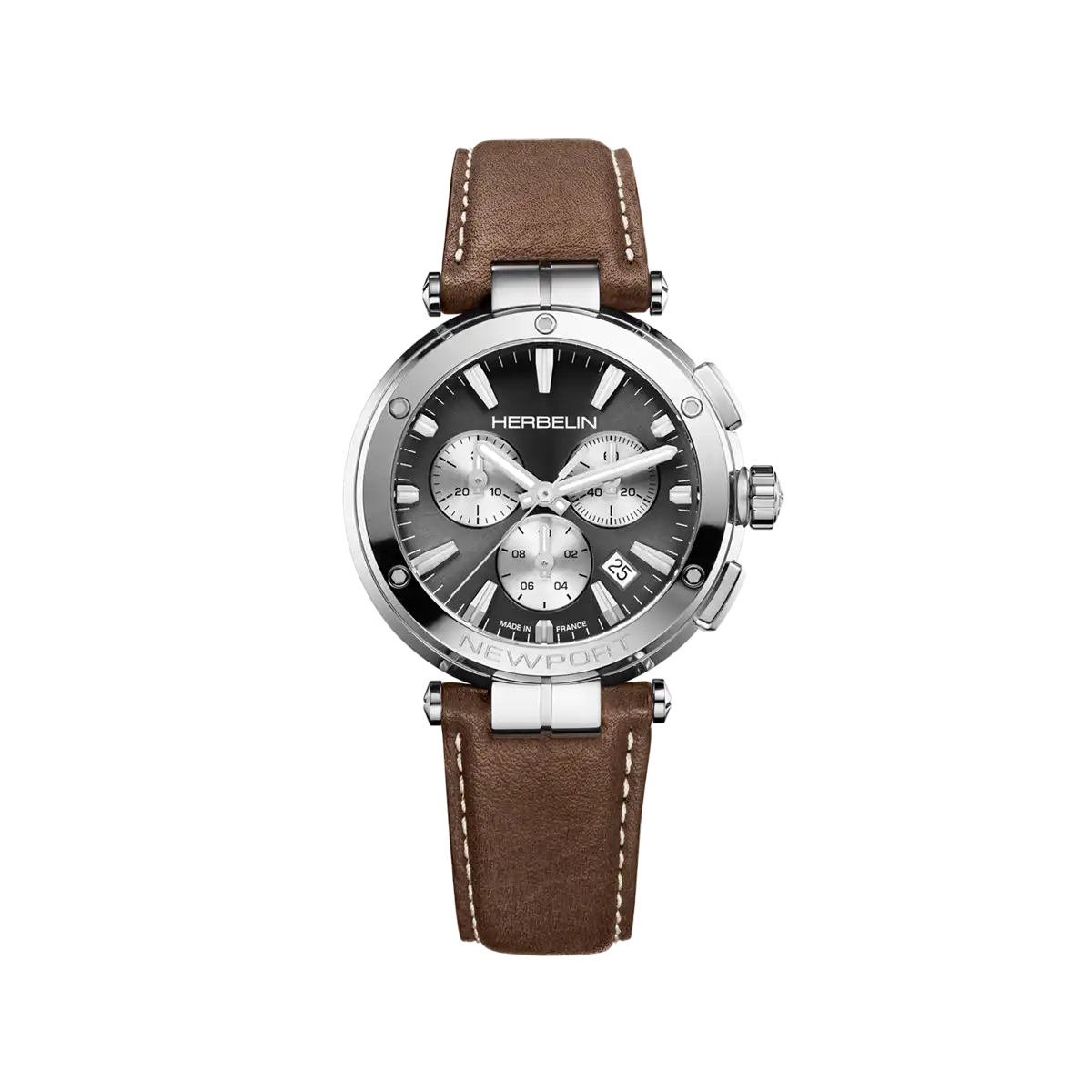 Montre Herbelin Newport chronographe avec cadran dégradé gris et trois compteurs argentés, boîtier acier et bracelet cuir marron à surpiqûres contrastées