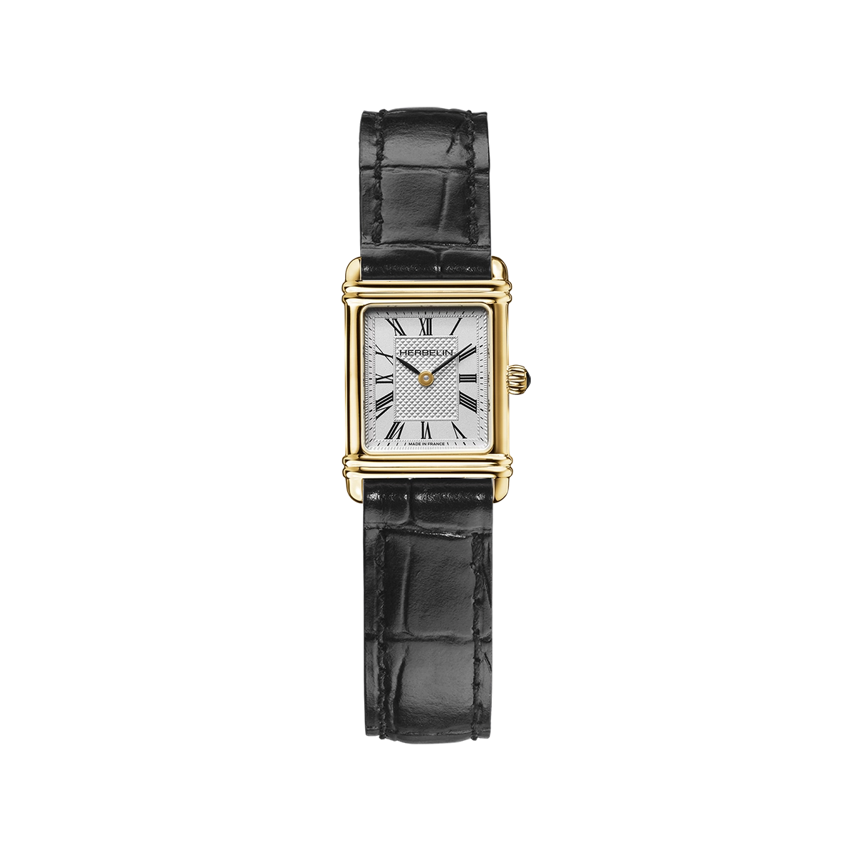 Art Déco, cadran argent guilloché et chiffres romains, boîtier rectangulaire bicolore acier et PVD or jaune, bracelet cuir noir