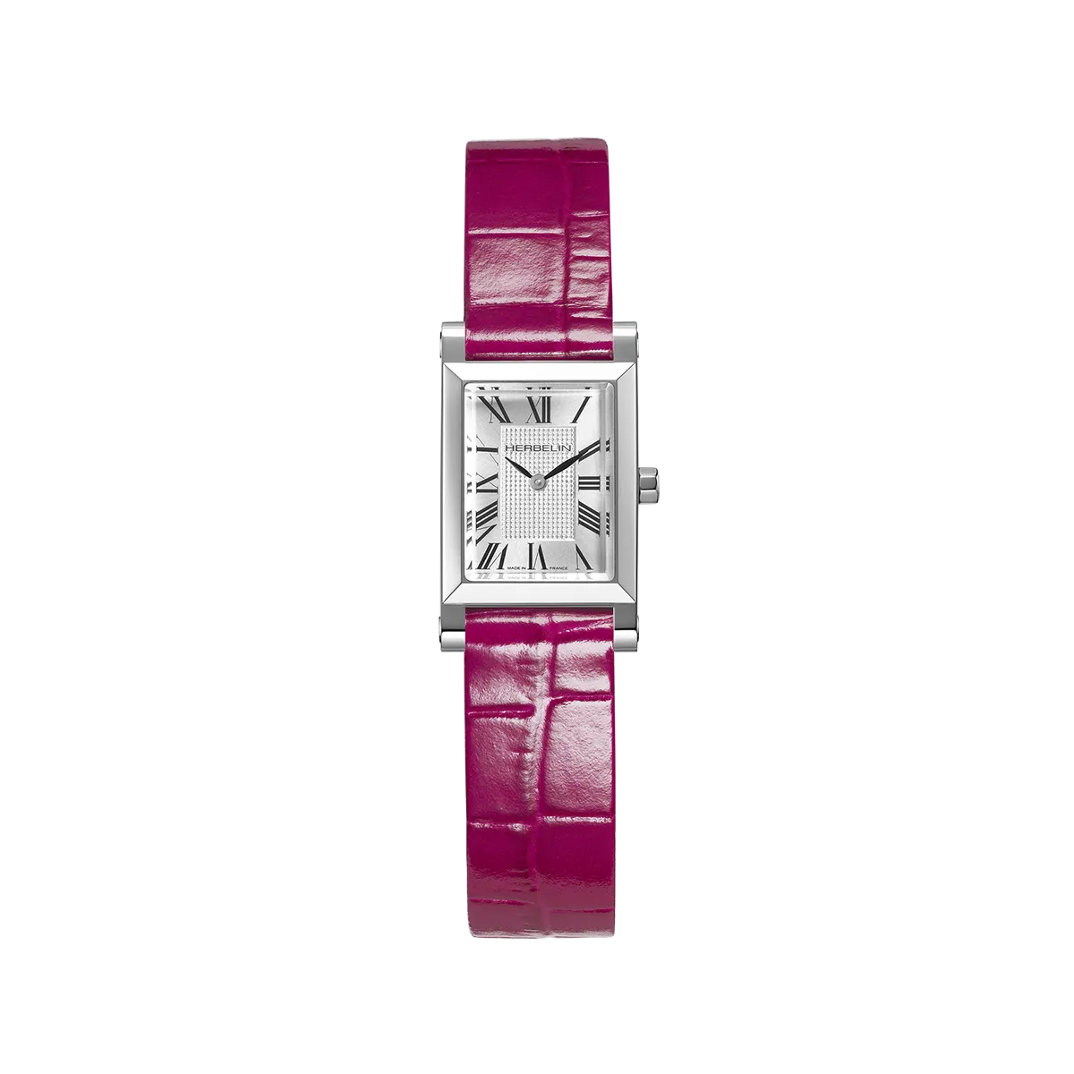 Antarès Quartz Originale, cadran argent blanc guilloché, boîtier rectangulaire facetté acier, bracelet cuir rose