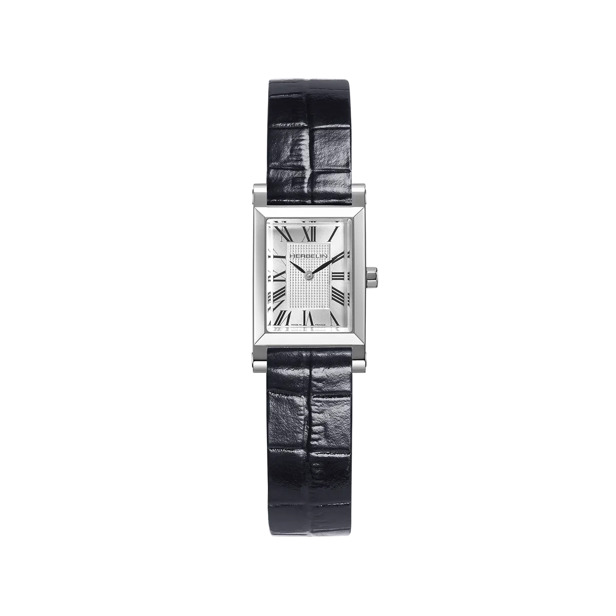Antarès Quartz Originale, cadran argent blanc guilloché, boîtier rectangulaire facetté acier, bracelet cuir bleu