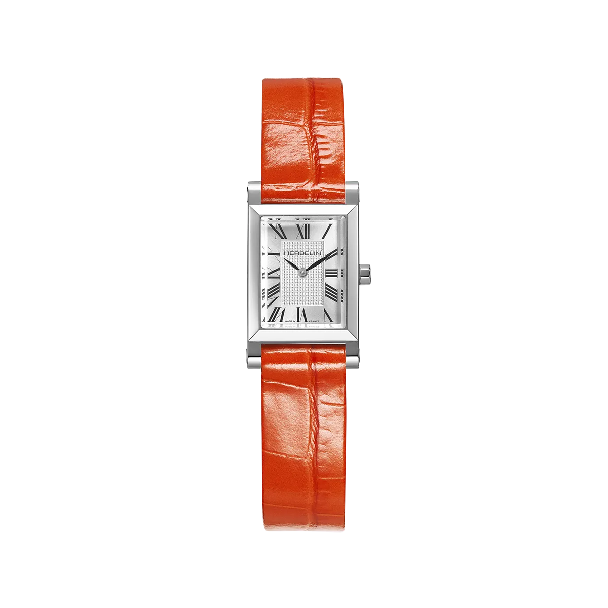 Antarès Quartz Originale, cadran argent blanc guilloché, boîtier rectangulaire facetté acier, bracelet cuir orange