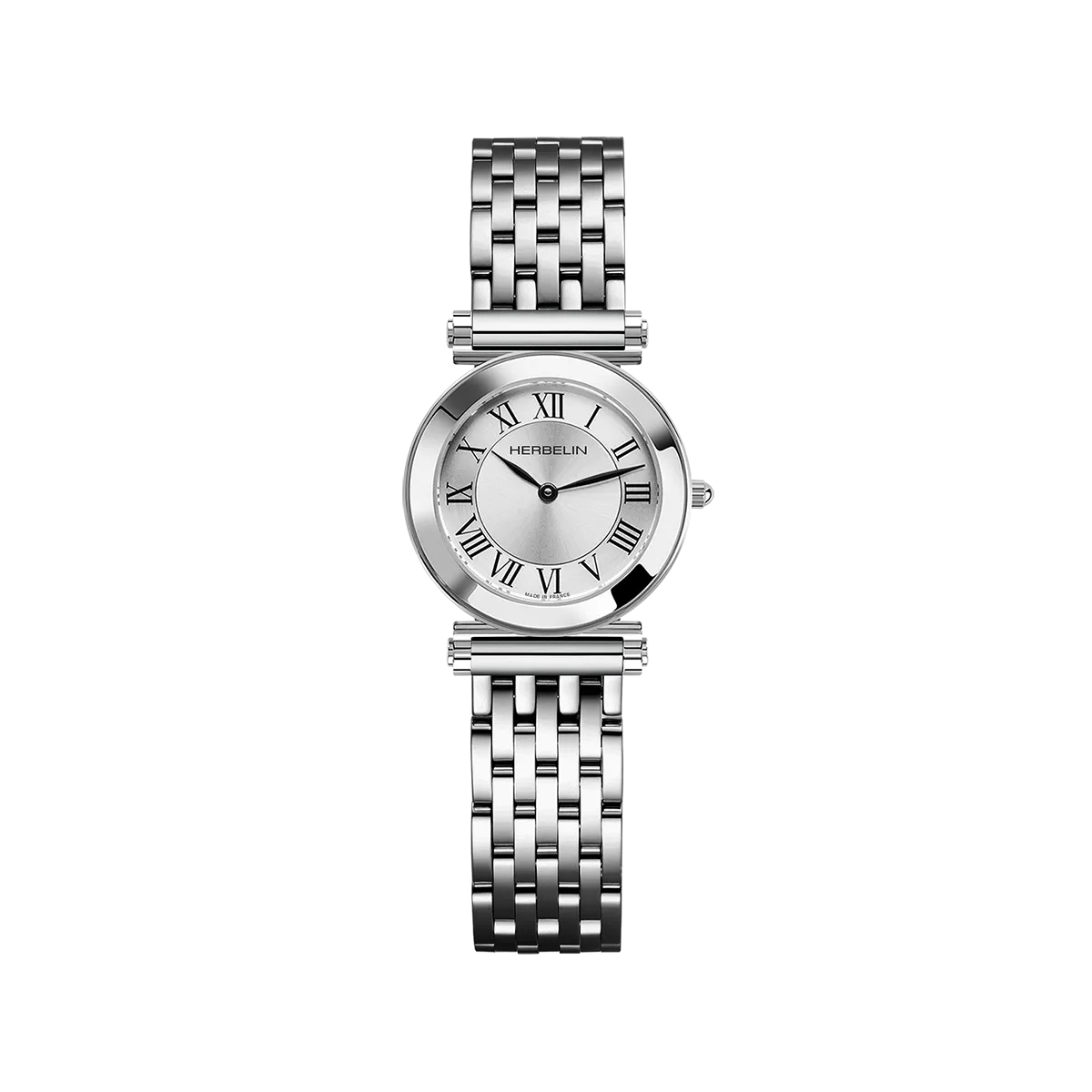 Antarès Quartz Classique, cadran argent blanc, boîtier rond acier, bracelet maille acier