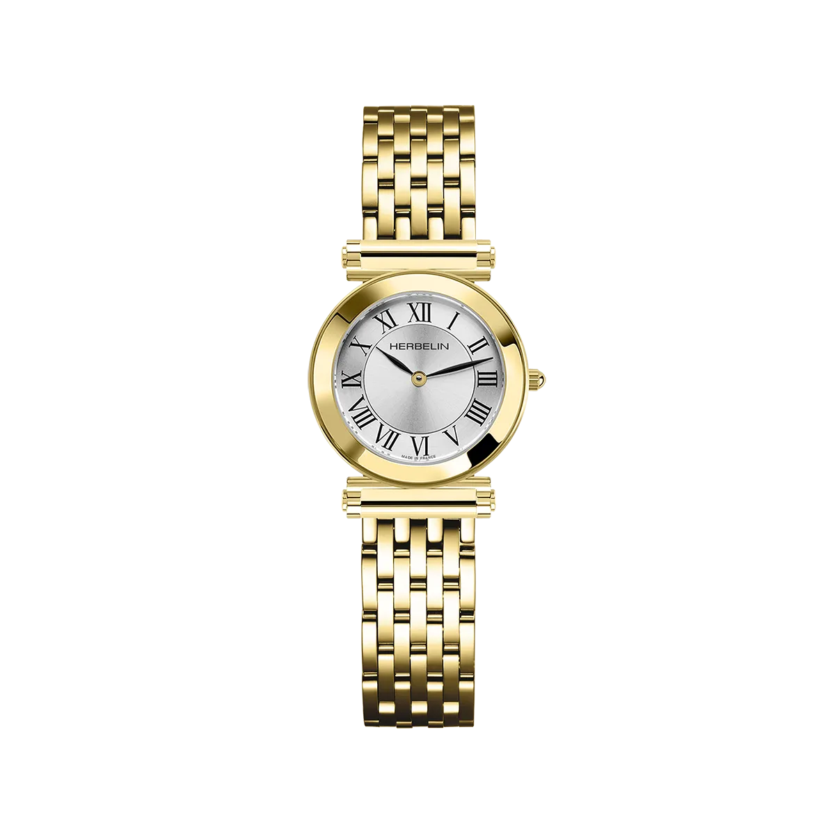 Antarès Quartz Classique, cadran argent blanc, boîtier rond PVD or jaune, bracelet maille bicolore acier et PVD or jaune