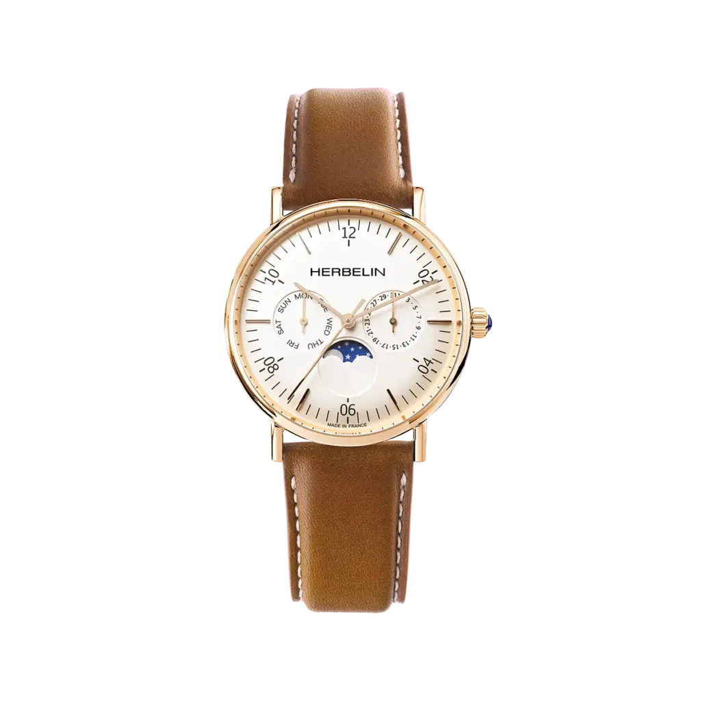 Inspiration phase de lune, cadran blanc, boîtier rond PVD or rose, bracelet cuir