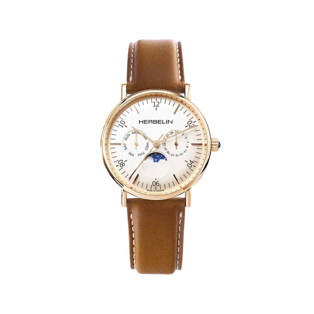 Inspiration phase de lune, cadran blanc, boîtier rond PVD or rose, bracelet cuir
