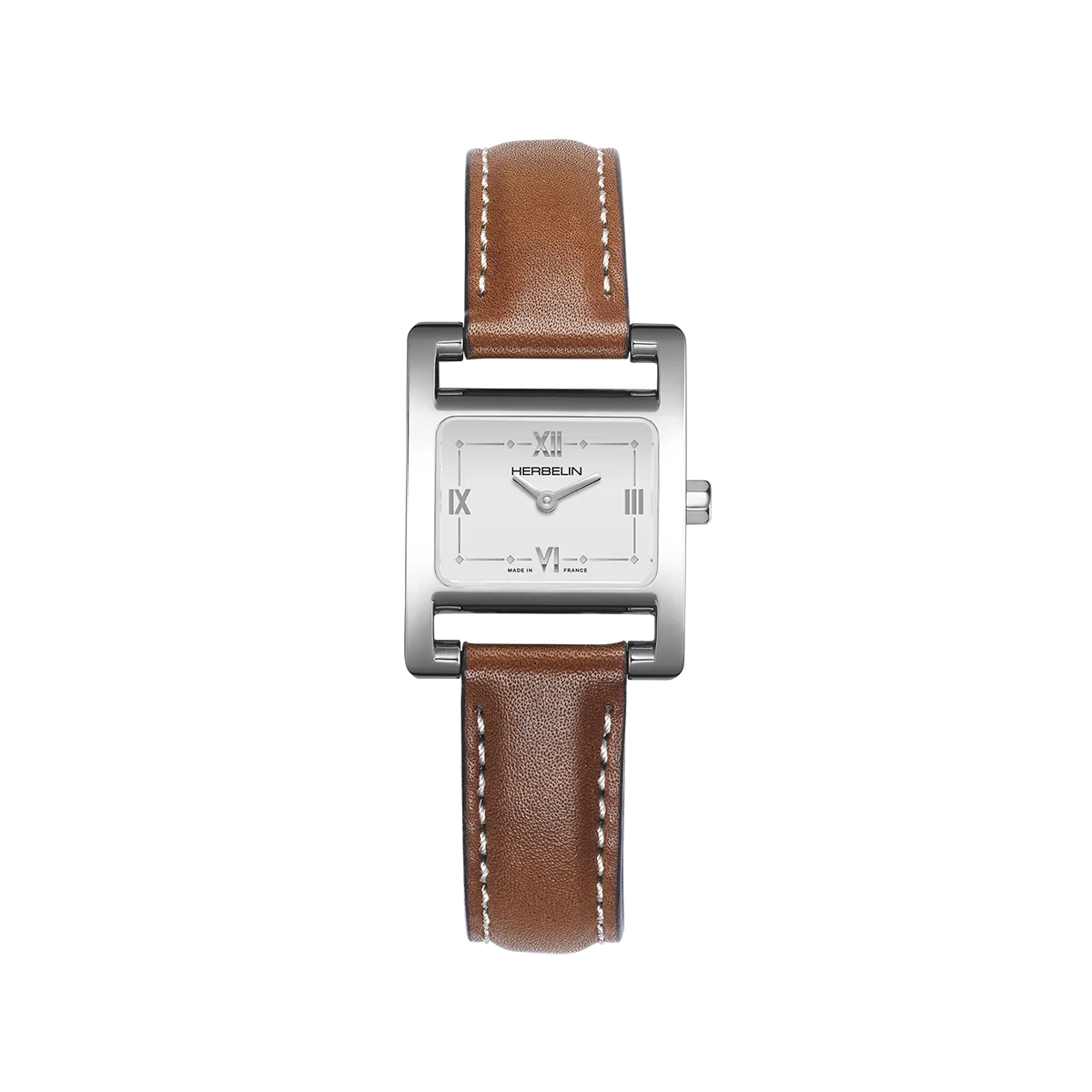 Ve Avenue, cadran blanc laqué, boîtier rectangle acier, bracelet cuir