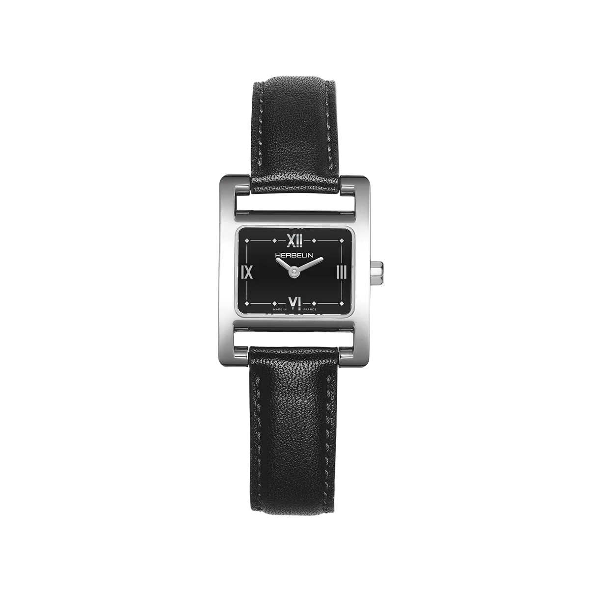 Ve Avenue, cadran laqué noir, boîtier rectangle acier, bracelet cuir