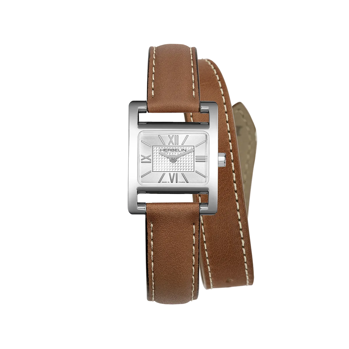 Ve Avenue, cadran argent guilloché, boîtier rectangle acier, bracelet cuir
