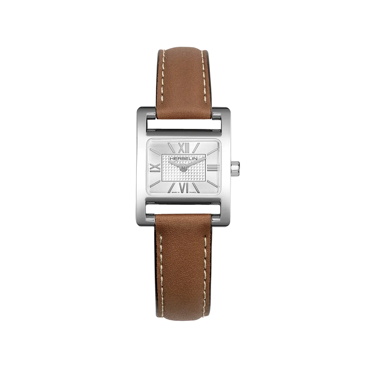 Ve Avenue, cadran argent guilloché, boîtier rectangle acier, bracelet cuir