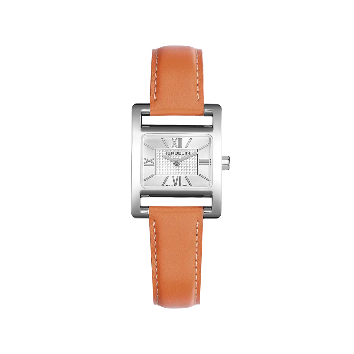 Ve Avenue, cadran argent guilloché, boîtier rectangle acier, bracelet cuir