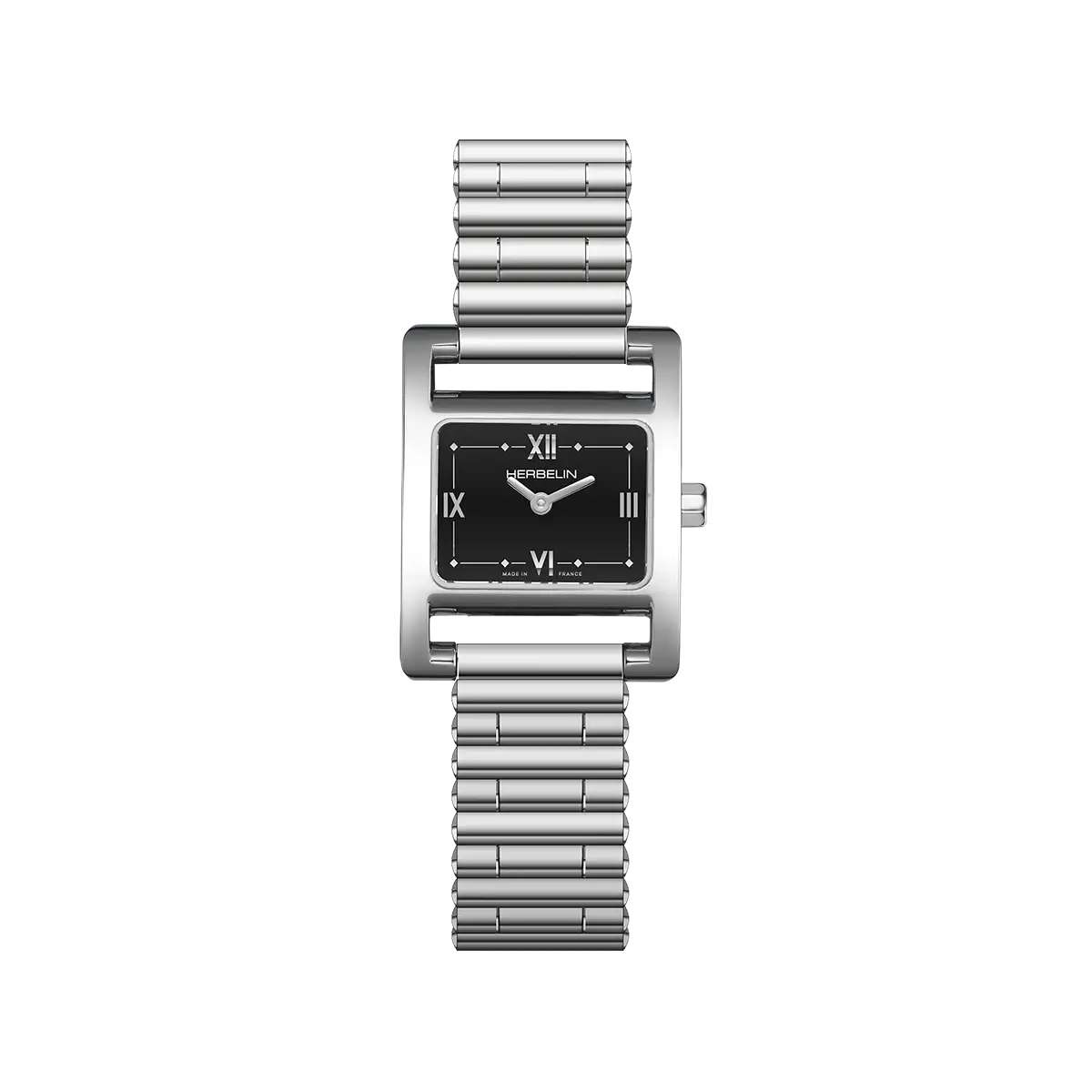 Ve Avenue, cadran laqué noir, boîtier rectangle acier, bracelet acier
