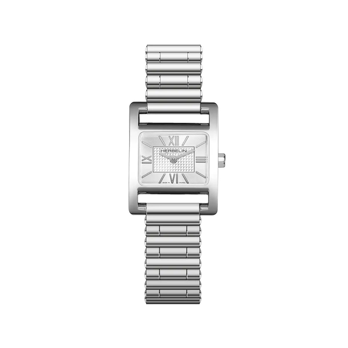 Ve Avenue, cadran argent guilloché, boîtier rectangle acier, bracelet acier