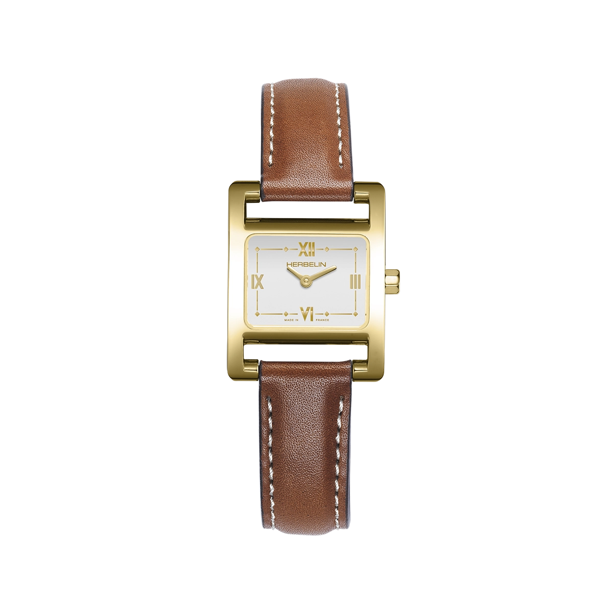 Ve Avenue, cadran blanc laqué, boîtier rectangle acier PVD or jaune, bracelet cuir