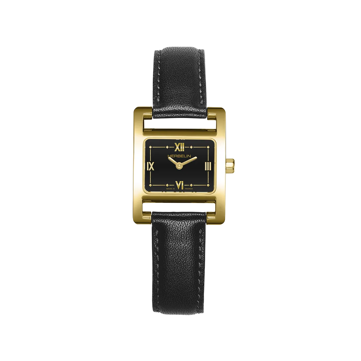 Ve Avenue, cadran laqué noir, boîtier rectangle acier PVD or jaune, bracelet cuir