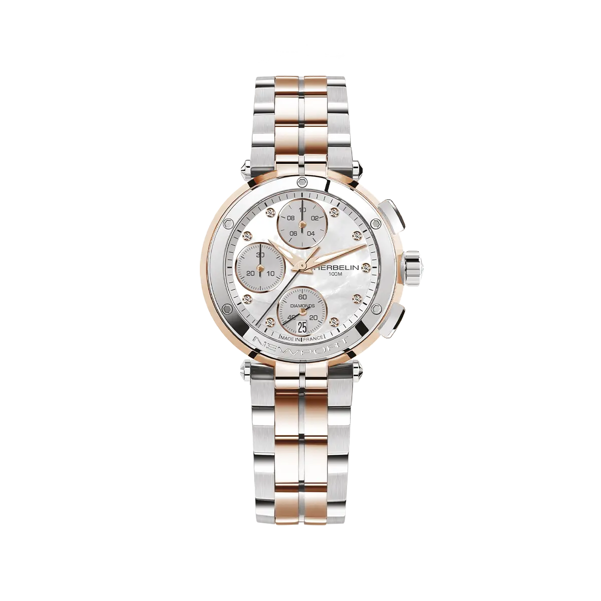 Newport chronographe Lady, cadran nacre blanche orné de diamants, boîtier rond PVD or rose, bracelet acier et or rose